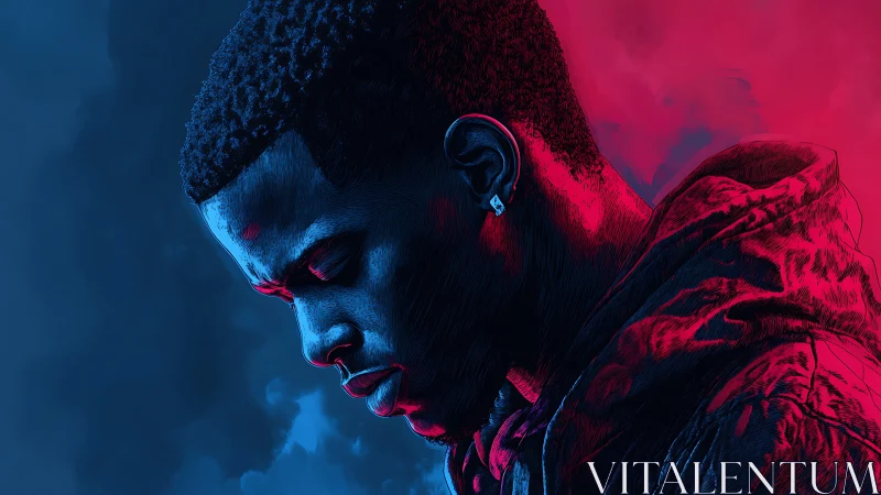 Neon quiet storm, a lone silhouette caught between colors.