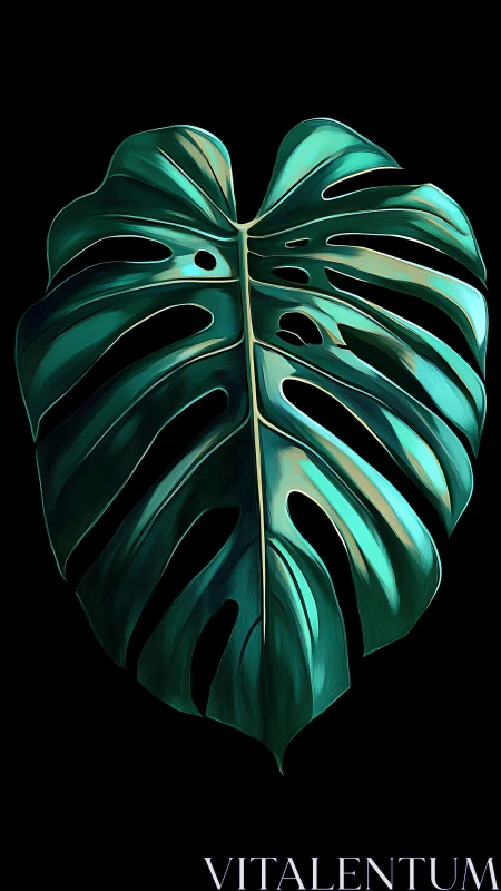 Monstera leaf illustration on solid black background.