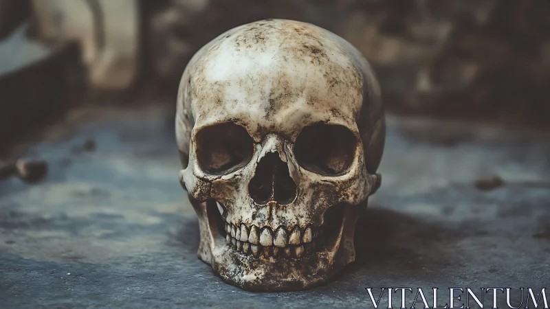 Human skull rests on stone floor under muted dramatic light.