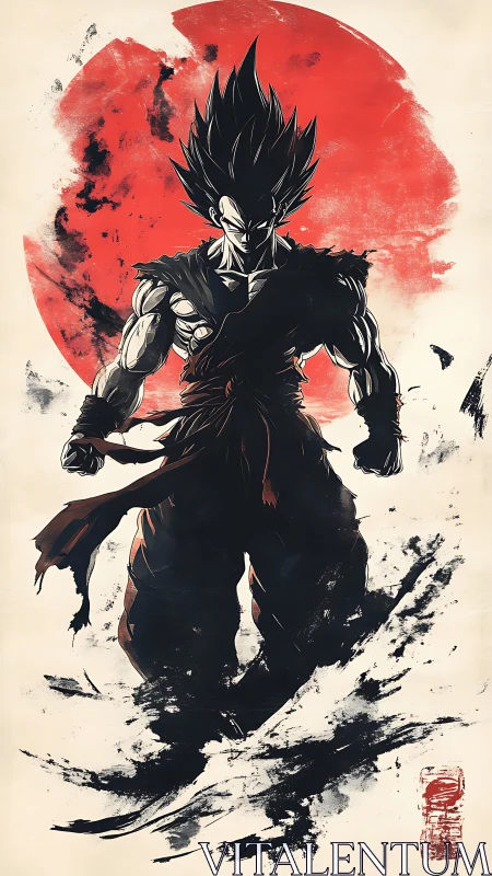 Fierce anime warrior embracing power before red moon.