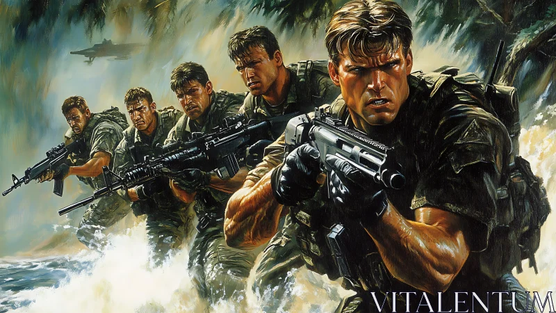 Storm-charged soldiers move forward with intense focus and grit