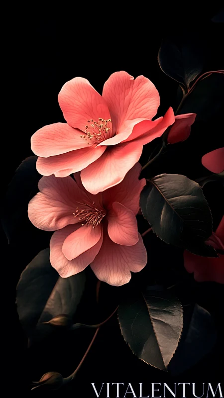 Pink Camellia Flowers Against Black Background