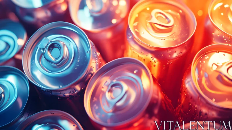 Close-up of Colorful Soda Cans with Condensation in Vibrant Light.