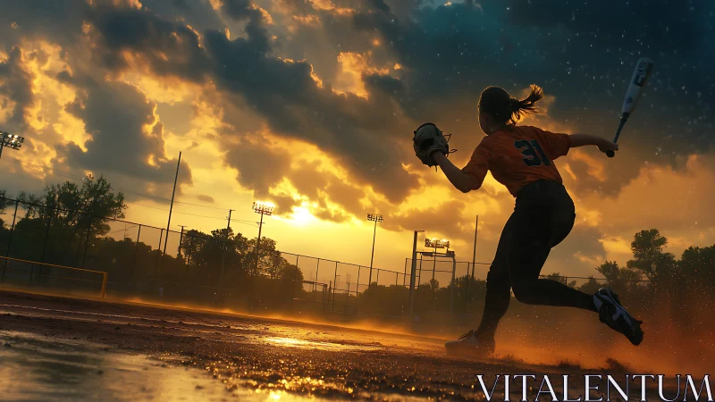 Softball player runs across wet field under dramatic sunset.