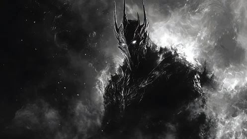 Dark armored demon lord in swirling smoke and flame.