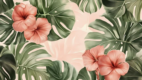 Tropical monstera foliage with coral hibiscus blooms, soft ground