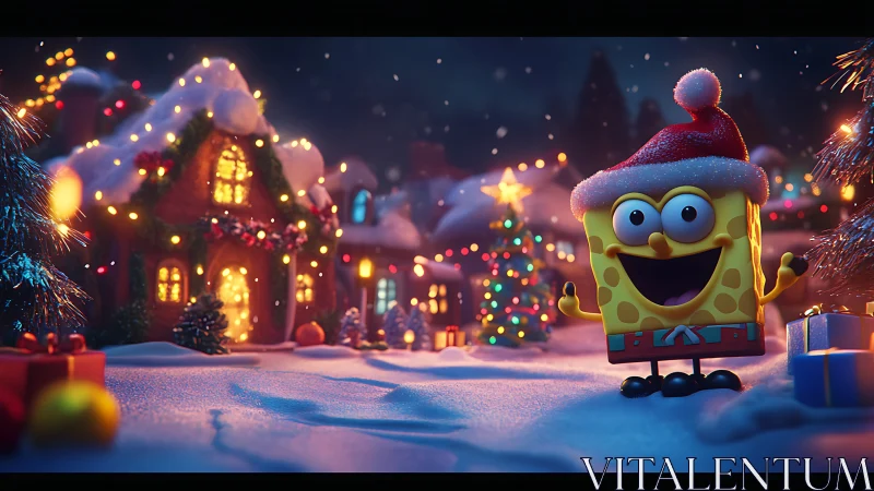 Festive sponge mascot in illuminated snowy village tableau.