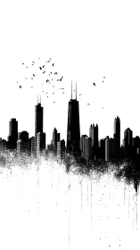 Monochrome urban skyline silhouette with splatter decay effect