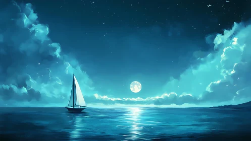 Sailboat under bright full moon on calm blue seascape.