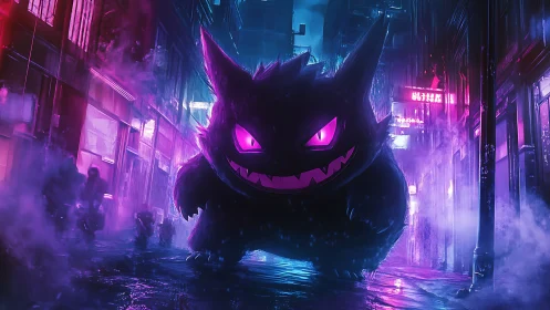 Playful neon ghost creature prowling a moody city alley.