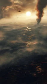 Smoldering valley inhales sunset light while a lone jet circles