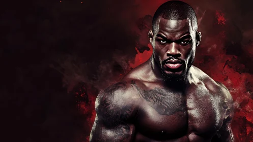 Muscular male torso against dark red abstract background.