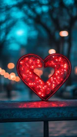 Luminescent Heart Neon: Red LED Light Installation Against Urban Dusk.