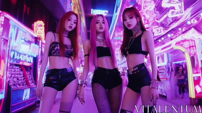 Neon night trio glowing with confident cyberpunk style.