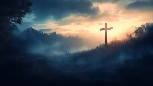 Atmospheric hillside cross in volumetric dawn backlighting.
