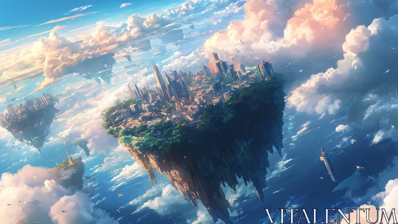 Skyborne futuristic city island drifts through luminous clouds.