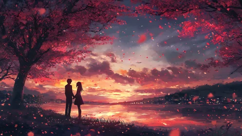 Sunset holds two quiet hearts beneath drifting cherry blooms