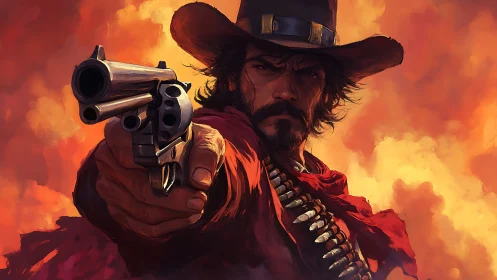 Gritty gunslinger portrait with revolver against blazing sky.