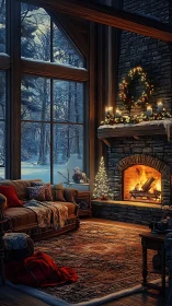 Snowlit cabin lounge wrapped in ember-bright holiday warmth.