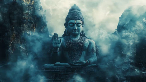 Colossal seated deity statue amid dense mountain mist.