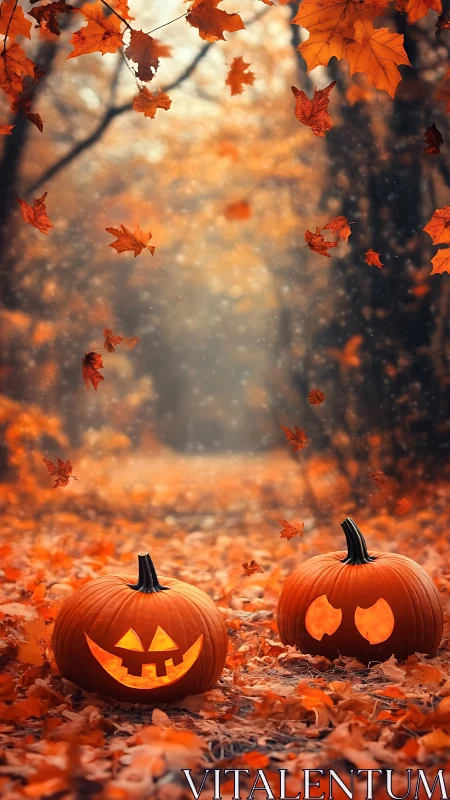 Glowing jack o&rsquo;lanterns warm an enchanted autumn forest path