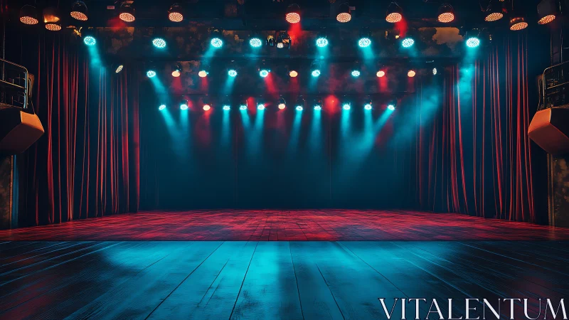 Empty spotlight stage glowing in red and teal anticipation.