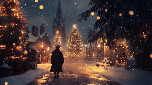 Snowy village street with lit Christmas tree at night.