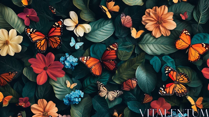 Butterflies among dense tropical foliage and flowers.