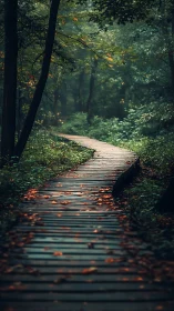 Wooden boardwalk extends through dense deciduous forest with autumn leaves.