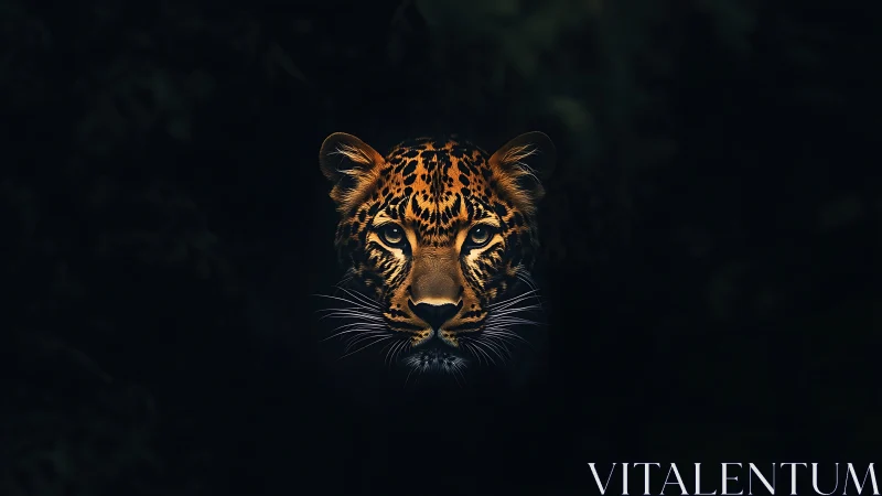 Low key frontal portrait of leopard emerging from dark foliage