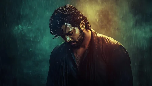 Moody portrait of man in rain with dramatic rim light.