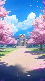 Cherry blossom lined campus path toward classical brick school