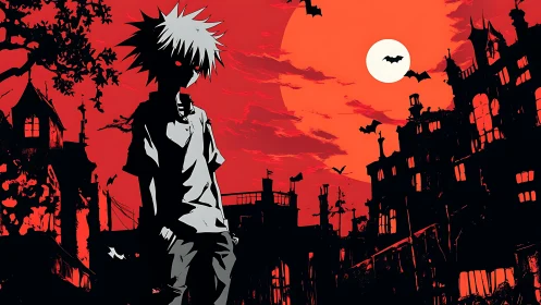 Red moonlit gothic cityscape with solitary anime silhouette