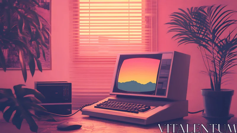 Retro workstation with neon sunset display in pastel lighting.