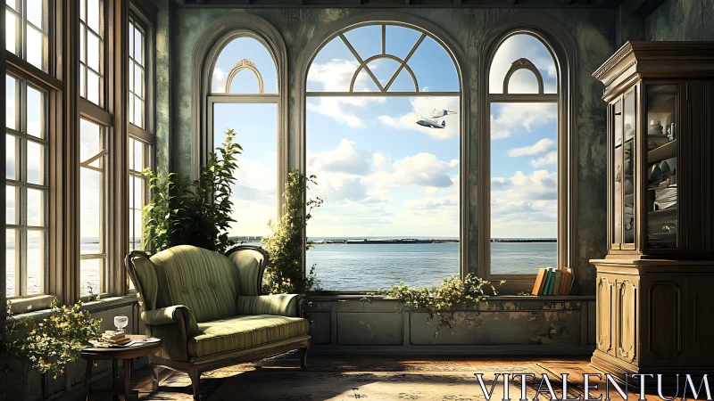 Sunlit vintage conservatory overlooking calm coastal bay.