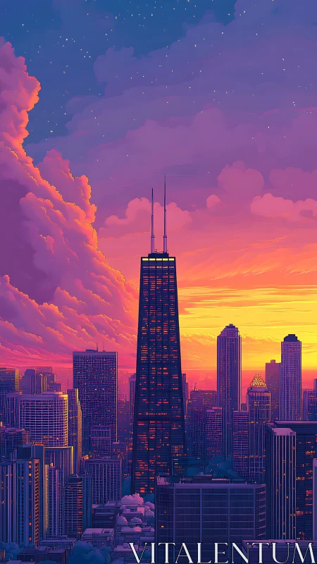 Sunset skyline with central tapered tower and vivid cloud mass