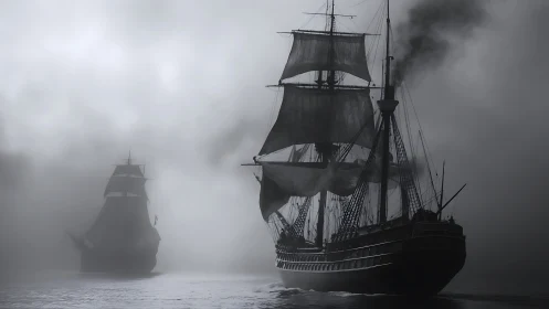 Twin-rigged tall ships emerging through dense maritime fog bank