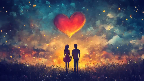 Silhouetted Couple Beneath Luminous Heart in Dreamscape.