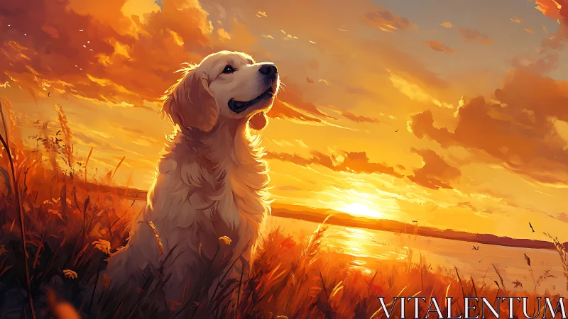 Golden retriever watches a radiant lakeside sunset in peace