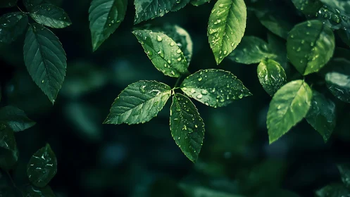 Close-up view of wet green leaves after recent rainfall.