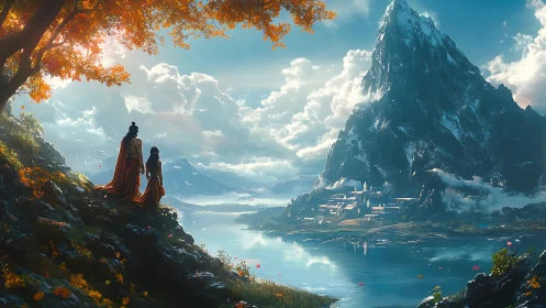 Fantasy travelers overlooking radiant mountain kingdom.