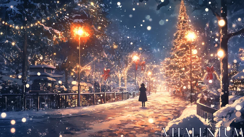 Snow-lit winter promenade with backlit figure and dense bokeh lighting