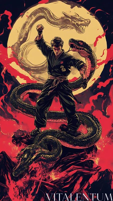 Martial artist stands amid coiled serpent before lunar emblem