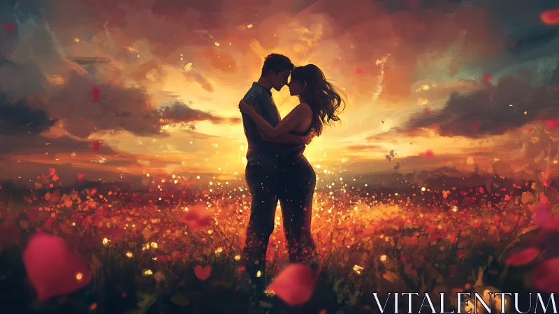 Silhouetted romantic couple embracing at sunset over bokeh-rendered landscape field