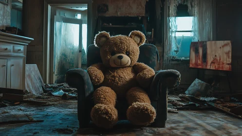 Dusty guardian bear lounging in a beautifully ruined room.