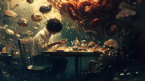 Solitary diner facing amorphous nightmare in dim room.