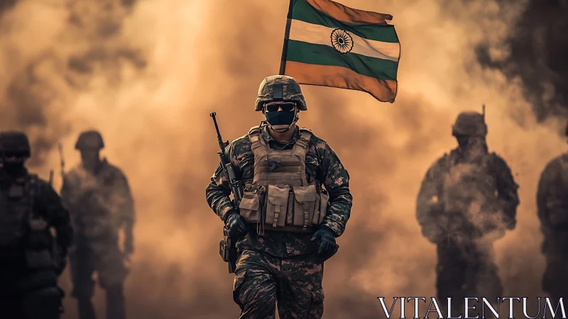 Armored Indian soldier advances through dense battlefield smoke