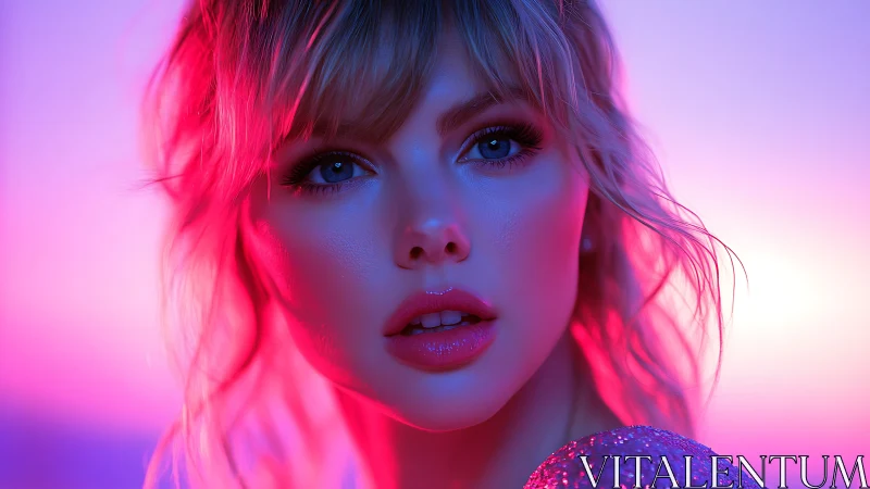 Portrait shows digitally enhanced face in colored studio light