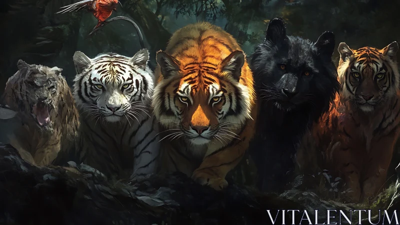 Big Cats Gathered in Forest Setting.