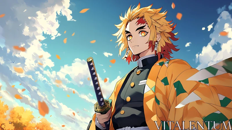 Autumn katana sentinel in dynamic anime perspective study.